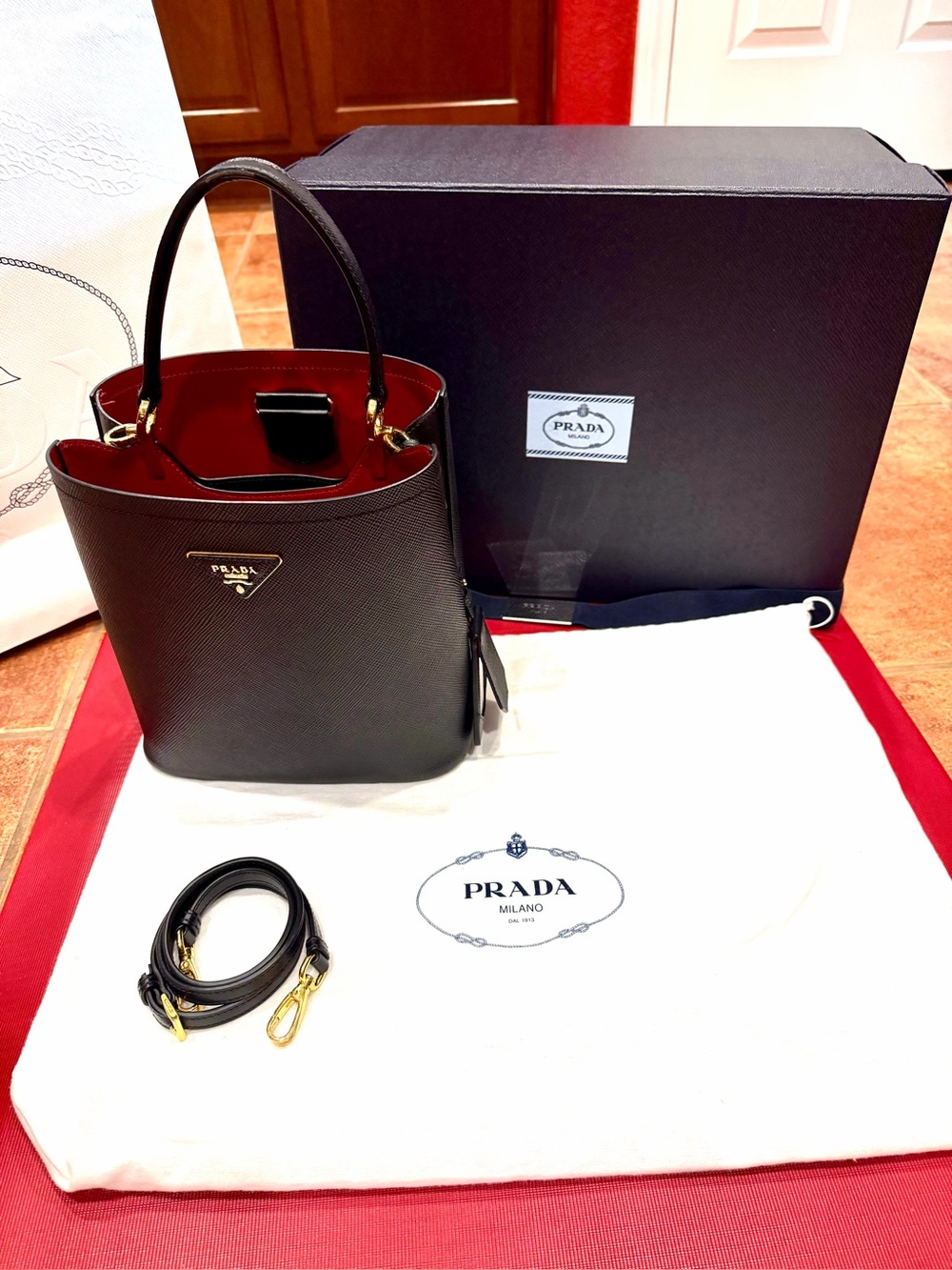 Prada Panier Bucket Bag Purse Black/Red Saffiano Leather Medium W/Box PERFECT!